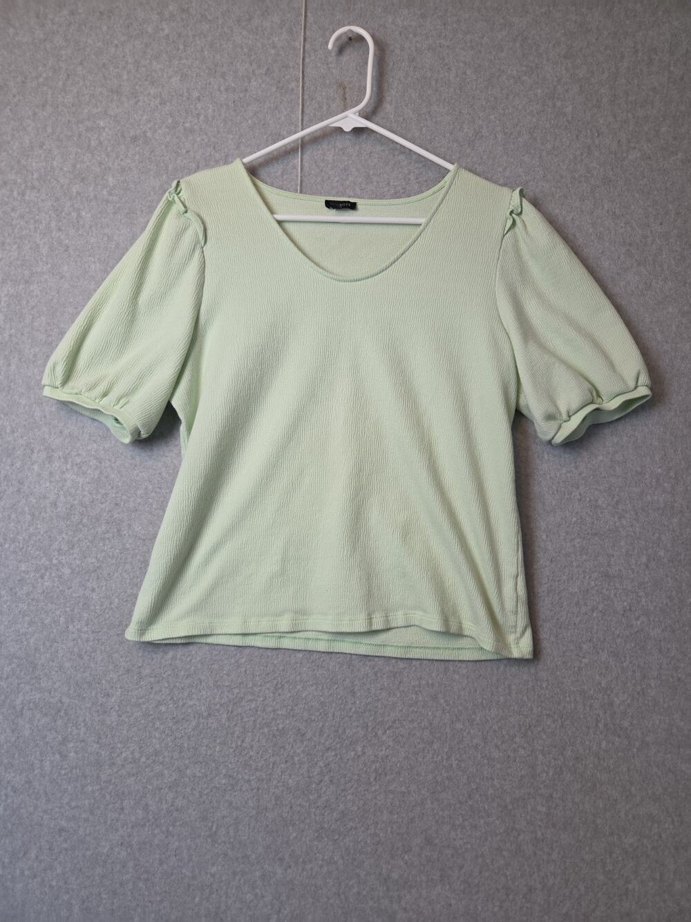 Talbots Green Ruffle Shoulder Puff Sleeve Scoop Neck Top Women's Large Stretch